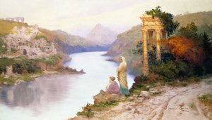Figuren an einem Fluss mit klassischen Ruinen