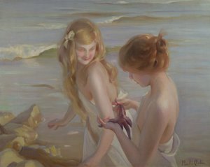 Zwei Mädchen mit einem Seestern am Strand von Maurice Chabas