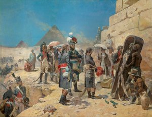 Napoleon Bonaparte vor den Pyramiden, die Mumie eines Königs betrachtend, in der Landschaft Ägyptens