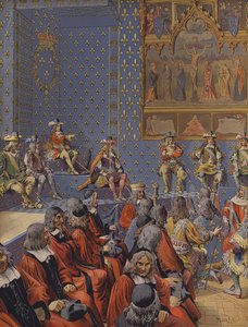 König Ludwig XIV. sitzt in Stiefeln im Parlament