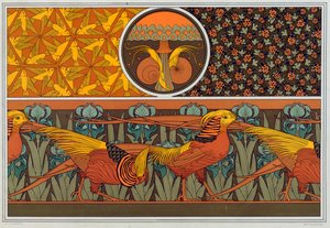 Entwürfe für Tapetenbordüre und Stoff: Vögel, Marienkäfer und Frauenhaarfarn, veröffentlicht 1897 von Maurice Pillard Verneuil