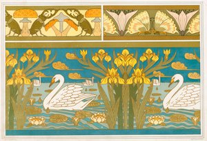 Entwürfe für Tapetenbordüre mit Hirschkäfern und Pilzen, veröffentlicht 1897 von Maurice Pillard Verneuil