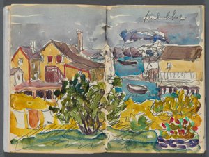 Skizzenbuch - The Granite Shore Hotel, Rockport, Seite 128 & 129: Häuser am Hafen