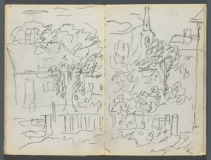 Skizzenbuch, The Dells, Nr. 127, Seite 084 & 85: Landschaft mit Häusern und Turm