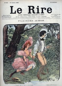 Sommervergnügen - Zwei Liebende werden in einem Wald von einem Passanten überrascht - Illustration von Maurice Radiguet (1866-1941) für die französische Zeitschrift Le Rire Nummer 38 von 1895 von Maurice Radiguet