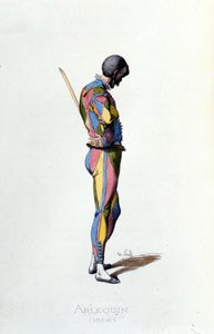 Harlekin im Jahr 1858. Maurice Sand „Masken und Narren“ Paris 19. Jahrhundert. von Maurice Sand