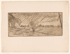 Landschaft mit Bäumen und Kirche von Maurits van der Valk