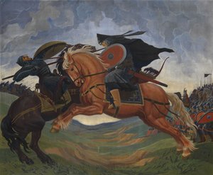 Einzelkampf von Peresvet und Temir-murza auf dem Kulikovo-Feld im Jahr 1380