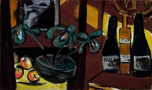 Stillleben in Braun und Gelb (Champagnerflaschen und Orchideen) von Max Beckmann