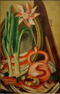 Stilleben mit Fischen und Papierblume