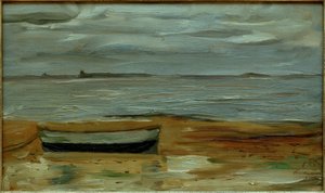 Strand mit grauem Kahn und grauem Meer von Max Beckmann