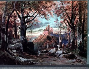Dekor für „Tannhäuser“, Oper von Richard Wagner. Szenografie von Bruckner