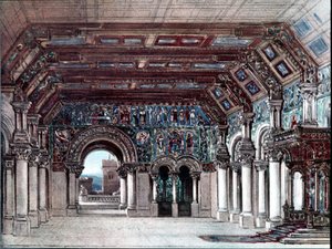 Bühnenbild für Richard Wagners Oper Tannhäuser. Bühnenbild von Bruckner 1891. Bayreuth, Wagner-Museum