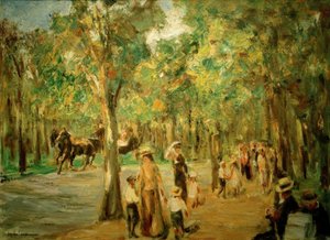 Allee im Tiergarten mit Spaziergängern und Kutsche