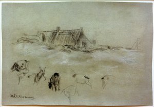 Strandhäuser, im Vordergrund Ziegen