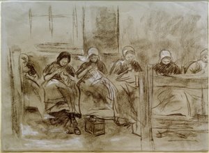 Sechs nähende holländische Mädchen vor einer Hauswand von Max Liebermann