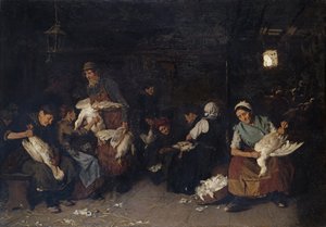 Frauen rupfen Gänse