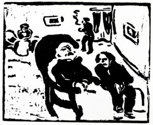 Holzschnitt, der Menschen in einem Loungebereich darstellt