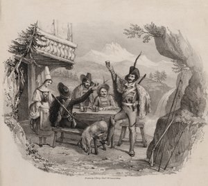 Jäger in den Bergen genießen ein Getränk in einer Taverne (Stich)