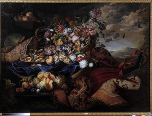 Obstkorb, Blumen und Laute auf Teppich von Maximilian Pfeiler or Pfeiller