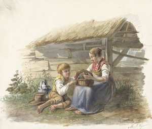 Mädchen und Junge mit einem Körbchen junger Vögel