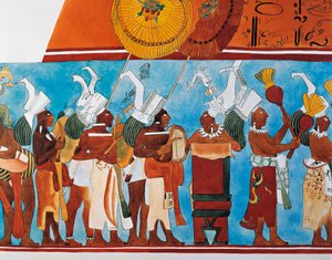 Rekonstruktion der Bonampak-Fresken, die eine Prozession von Musikern zeigen