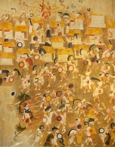Rekonstruktion eines Maya-Gemäldes aus Chichen Itza (Yucatan, Mexiko), das eine Kampfszene darstellt. Maya-Zivilisation.