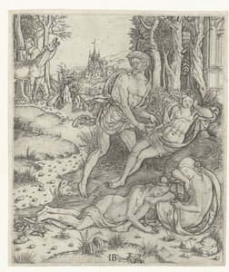 Priapus vergreift sich an Nymphe Lotis von Meester IB met de vogel