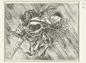 Waffentrophäen darunter Harnisch und Helm und Hellebarde von Meester van 1515
