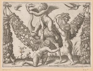 Drei Putti und ein Strauß von Meester van de Dobbelsteen
