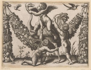Drei Putti und ein Strauß (Tapisserieën van de paus) von Meester van de Dobbelsteen
