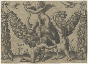 Drei Putti mit einem Strauß (Wandteppiche des Papstes von Raffael) von Meester van de Dobbelsteen