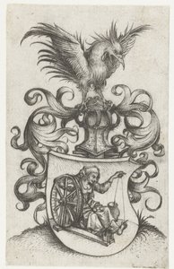 Wappen mit alter zwirnender Frau