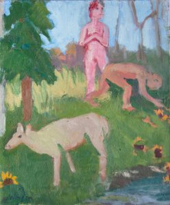 Zwei Figuren mit einer weiblichen Elchkuh, 2016 von Megan Williamson