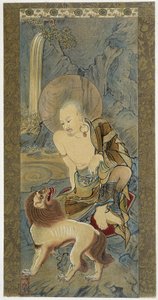Der Mann mit dem Löwen. Malerei auf Seide von Meicho (1427-1532). von Meicho