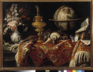 Vase mit Blumen, Astralglobus, Bücher und Goldarbeiten auf einem Teppich von Meiffren (c.1630 1705) Conte