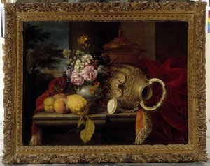 Stillleben mit Blumenstrauß, Obst, Vase und rotem Stoff von Meiffren (c.1630 1705) Conte