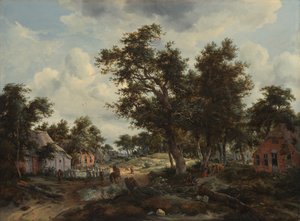 Waldlandschaft mit Reisenden auf einem Pfad durch ein Dorf von Meindert Hobbema