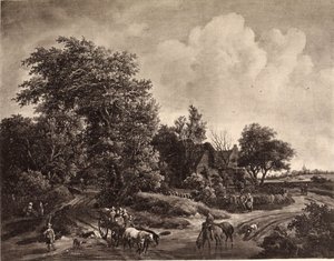 Bauernhof am Waldrand mit Wagen und Pferden von Meindert Hobbema
