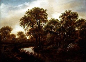Flusslandschaft mit Hütten und Bauern von Meindert Hobbema