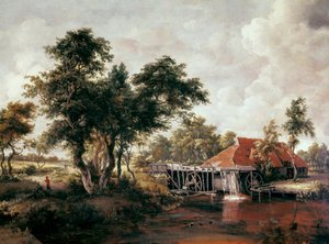 Wassermühle mit großem rotem Dach von Meindert Hobbema