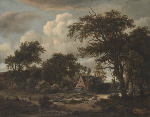 Waldlandschaft mit Hütte und Reiter