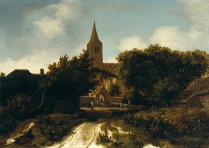 Bewaldete Landschaft mit Figuren in der Nähe einer Kirche, ca. 1660 von Meindert Hobbema