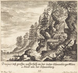 Großer Wasserfall, Schwanburg von Melchior Küsel after Johann Wilhelm Baur