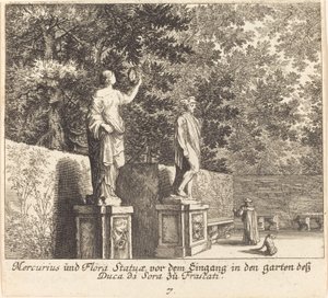 Statuen von Merkur und Flora, Gärten von Dukedi Sora, Frascati von Melchior Küsel after Johann Wilhelm Baur