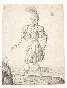 Ein Mann in römischer Kleidung, der auf eine Quelle zeigt von Melchior Lorck