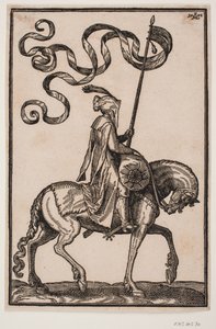 Berittener Standartenträger, Profil nach rechts; die Standarte ist zweizipfelig, der Reiter unbewaffnet, vor ihm auf dem Pferderücken ein wurstförmiger Gepäcksack von Melchior Lorck
