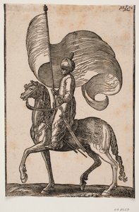 Berittener Standartenträger, Profil nach links; er trägt ein Schwert an seiner linken Seite von Melchior Lorck