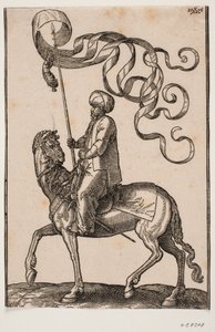 Berittener Standartenträger, Profil nach links; die Standarte ist dreizackig und darunter hängt eine Feder; sein Schwert ist zwischen seinem linken Bein und der Flanke des Pferdes angebracht von Melchior Lorck