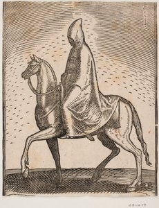 Reiter mit Mantel und Hut, Profil nach links; unter seinem Mantel ist ein Schwert zu sehen von Melchior Lorck
